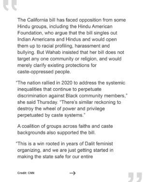 Thenmozhi Soundararajan Instagram - Check out @CNN’s coverage of our historic win today-California is now one step closer to banning caste discrimination! Approved 34-1, the Senate passed SB-403, a bill that would update California’s civil rights law to explicitly include protections against caste bigotry. “Caste discrimination poses a threat to California industries from agriculture to health care and technology, although it may not be obvious,” says State Senator @aishabbwahab. We thank all of our organizers and partner organizations for making SB-403 a possibility. Jai Bhim!

#yestocasteequity #yesonsb403