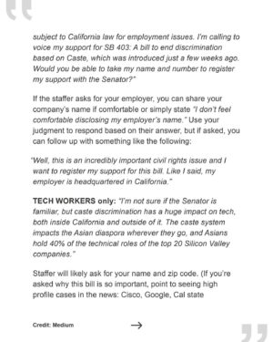 Thenmozhi Soundararajan Instagram - Check out Tanuja Gupta’s new piece on @medium where she discusses the origin and importance of Dalit History Month! The movement for caste equity has already made great headway this year—first with Seattle's ban on caste discrimination, and now with the introduction of California’s groundbreaking Bill SB 403. 
–
“This Dalit History Month, let’s make sure the California Senate knows that Senator Wahab doesn’t stand alone in her belief that we need to end caste discrimination.” - @ajunat

Take action with our community by heading over to the link in bio and calling legislators, urging them to become co-sponsors of SB 403, link in bio. 

#yestocasteequity #yesonsb403