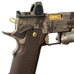 Thiago Santos Instagram - THE CHOICE OF THE ELITE !!
CONGRATS TO THE CHAMP @tmarretamma ON HIS NEW PHOENIX TRINITY DESERT PRO ELITE LIMITED EDITION (009) 9MM DOUBLE STACK CAMO CERAKOTE FINISH COMP’D 5” FLUTED GOLD TIN BARREL WITH TRIJICON RMR AND SUREFIRE X300