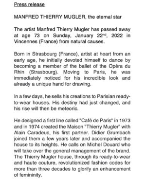 Thierry Mugler Instagram - Press release 
#ManfredThierryMugler
.
.
.
.
Infinite thanks to @dominiqueissermann for the picture
.
Manager @jbrougeot