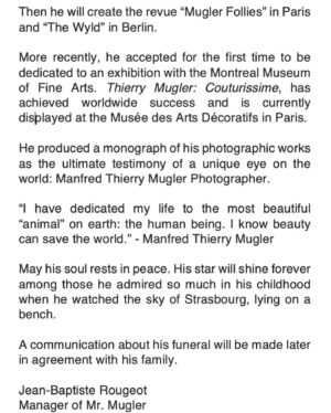Thierry Mugler Instagram - Press release 
#ManfredThierryMugler
.
.
.
.
Infinite thanks to @dominiqueissermann for the picture
.
Manager @jbrougeot