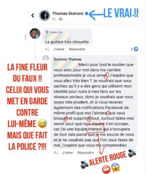 Thomas Dutronc Instagram - ‼️Toujours autant d’usurpateurs‼️
Faisez bien à tension !! 🤪 
LA COCHE BLEUE pour mes comptes officiels, et le compte Frites and Love que j’approuve, c’est tout !!
Ne vous faites pas avoir par les autres qui sont facilement repérables par la teneur approximative de leurs propos, les fautes, et un nombre d’abonnés infime. Je n’envoie aucune sollicitation en privé, ni pièce d’identité ou autre fausse preuve de mon identité, je ne demande pas d’argent, je ne vends pas de carte de fans etc…
Bref, virez les, signalez les, bloquez les, ignorez les, mais surtout NE LEUR RÉPONDEZ PAS ! ⛔️