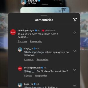 Tiago Teotónio Pereira Instagram - 🚲 *GIVEAWAY* 🥵 O @tiago_tp aceitou o nosso desafio e vai tentar completar a mítica N2 (738 kms) em 5 dias. Se achas que ele cumpre este #DesafioBetclic:

- Segue a @BetclicPortugal e o @tiago_tp
- Dá like no post
- Comenta "Eu acredito"   o teu Username Betclic

1 comentário por utilizador. 
Vamos sortear um total de 500€ em Freebets para 50 pessoas (100€ por dia x 10 pessoas).
Caso não consiga... alguém vai andar de bicicleta de rodinhas durante 2kms!