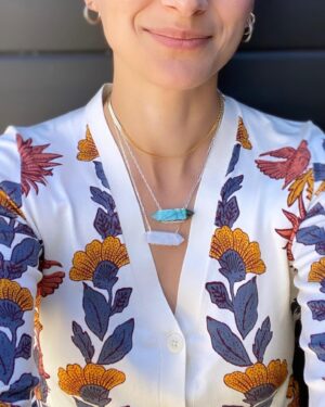 Tiffany Lonsdale Instagram - When you open your post and there is the most beautiful moonstone gift from @ashapateldesigns 💎💎💎 Thank you Asha for the loveliest necklace - I’m so touched by this gift - which pairs perfectly with my labradorite from @jenpastiloff 🤍  
 
Asha's pieces are delectable and make the perfect gift for a loved one (or yourself!). I love my necklaces and supporting small businesses ✨