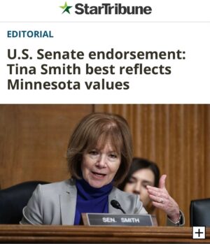 Tina Smith Instagram - I’m honored to be endorsed by the @StarTribune Editorial Board. For the last three years in the U.S. Senate, I’ve focused on listening to you and then delivering for Minnesota. There’s so much work to be done, and I ask for your vote this November 3rd so that we can continue doing that work together.

Read their piece via the link in my bio.