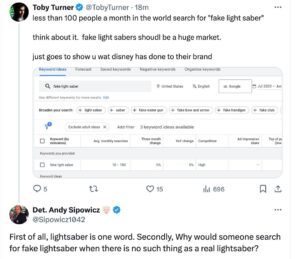 Toby Turner Instagram - fake light sabers could be a million dollar market @georgelucasofficial