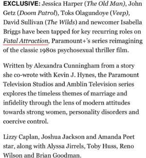 Toks Olagundoye Instagram - Oh, hi 
•
Story by @deadline 
•
#FatalAttraction #Reboot #Chuffed