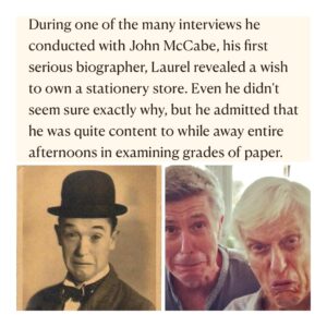 Tom Bergeron Instagram - Life is full of unpredictable intersections. I grew up (more or less 😏) loving Stan Laurel and @official_dick_van_dyke. Dick grew up loving Stan, too. But he got to meet him, become friends with him, do a brilliant impression of him on the Dick Van Dyke Show (although Dick told me Stan had “some notes” on it 🥰) and give the eulogy at Stan’s funeral. In 2004, when Carl Reiner invited me to be “a groupie” during the “DVD Show Revisited” shoot, I sat with Dick during a meal break and he told me about what it was like for him to meet Stan. When he was finished I told him, “You know, Dick, for me, THIS is like THAT.” Sometime later he, his lovely (and also hilarious) wife @bijoubox and I had lunch in Malibu. We started talking about Stan again and Arlene snapped this picture (bottom right) of Dick and I impersonating Stan’s classic sad face (bottom left). And here’s the final intersection. Anyone who has seen my basement-cleaning-post can tell I love a sense of order. It’s why, even though I loved the unpredictably of live television, the other hours of my day were always fairly structured. Starbucks, gym, studio, home. Lather, rinse, repeat. Stan loved order, too. The precision of his comedy spoke to it. That love of order also spoke to his love of stationery stores (top pic). Carl Reiner told me how meticulously Dick would rehearse the seemingly effortless physical comedy he made iconic. A sense of order. A display of joyful surrender. Unlikely but, no doubt about it, pretty cool intersections.