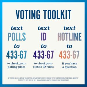 Tom Steyer Instagram - Have any last second questions about where your polling place is or anything else you might need to vote tomorrow? 

You can now send a quick text to 433-67.

Text POLLS to check location.
Text ID to check state ID rules.
Test HOTLINE for any questions.