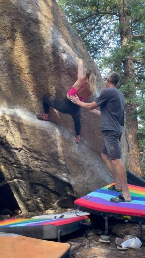 Tommy Caldwell Instagram - @beccajcaldwel, I don’t think you  can claim to not really be a climber anymore now that you are climbing V8! It’s so fun to see you  talking about conditions, searching the guidebook for projects,  putting in the training, and ultimately catching the bouldering bug. I am proud of you baby.  Here’s to many future date days in the forest! (She sent on their next try but didn’t catch on video)