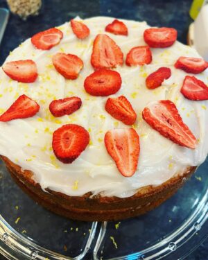 Travis McElroy Instagram - Made my mom’s recipe for Strawberry Cake… but I made it mine by adding lemon zest and dark chocolate chips!