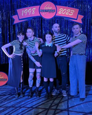 Tricia Fukuhara Instagram - “Are you Wednesday?”
“No… I’m Thursday.” 😐

#boooooo

#camphollywood #wednesdayandpugsley #lindyhop #camphollywood25 #lindygroove