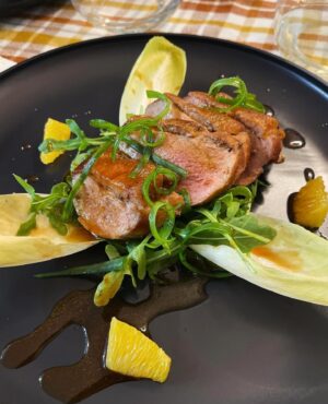 Tucker Ricchio Instagram - Soigne 6 course tasting menu ➡️ 
(DM or email for inquiries)

1: soy orange glazed duck breast, endive, arugula, supremes
2: immunity scallops with brown butter hummus and gremolata 
3: handmade tagliatelle alla vodka & shaved black truffle
4: butternut squash risotto, toasted pepitas, crema
5: red wine braised short rib over polenta alla parmigiana 
6: wine poached pears with whipped mascarpone and salted caramel 

#NextLevelChef #ChefTucker #GastronomyGangster #chefsofinstagram #cheflife #privatechef #travelchef #tastingmenu #privatedinner #soigne