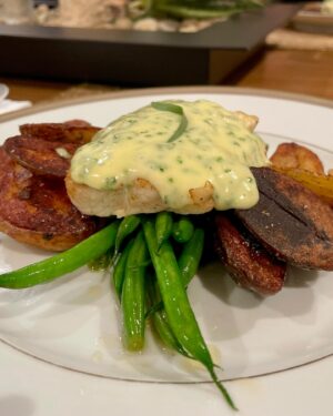 Tucker Ricchio Instagram - Private dinner!! Hire me as your private chef - DM me for bookings! 

1: whipped quince goat cheese with caramelized onions on garlic crostini with hot honey and basil 
2: miso glazed scallop with scallion and black sesame 
3: salad prep 
4: wild greens and chicories salad with fig balsamic vinaigrette, pears, micros, and Pt Reyes blue cheese 
5: lobster & handmade ricotta cheese stuffed agnolotti with a lobster brodo and parmigiana reggiano 
6: plating the main course
7: main course is a pan seared halibut over haricote vert and crispy garlic fingerlings, bernaise sauce
8: crème anglaise time
9: French press Colombian coffee to accompany dessert - this is some of the coffee I picked and ground on my recent adventures to Colombia (gotta incorporate new finds!)
10: chocolate lava cake with vanilla and cinnamon crème anglaise and a Colombian coffee shot

#tastingmenu #dinnerparty #privatechef #chefsofinstagram #cheflife #nextlevelchef #travelchef #GastronomyGangster #sf #bayarea #privatedinner