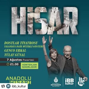 Tülay Günal Instagram - #Repost @ibb_kultur with @use.repost
・・・
7 Ağustos Pazartesi günü, farklı karakterlerin hayatları arasındaki bağlantıları, içsel mücadeleleri ve umut dolu anları izleyiciye sunan Dostlar Tiyatrosu, Yaşamaya Dair adlı müzikli gösteriyle seyircilerin kalplerine Anadolu Hisarı'nda dokunacak. 

Sınırlı sayıdaki ücretsiz biletlerinizi şimdi İstanbul Senin uygulaması üzerinden temin edebilirsiniz.

#ibb #ibbkültür #anadoluhisarı #ücretsizetkinlik
