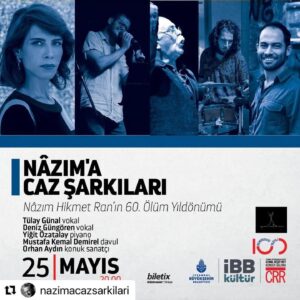 Tülay Günal Instagram - Nazım’ın 60. ölüm yılında büyük şairi  anmak için 25 Mayıs saat 20.00’de CRR ‘deyiz.”Yürüyen Merdiven” şarkıları ve  değerli müzisyenler tarafından bestelenmiş şarkılardan oluşan bir seçki yaptık. (Zülfü Livaneli,Fazıl Say,Cem Karaca,Tarık Öcal) .Hepimizin bildiği şarkılar ve şiirler.Gelin hep birlikte söyleyelim.🤗😍 Saygılar,sevgiler. @orhannaydin @yigitozatalay  @kemalemirel @dnz_gungoren  @yuruyen.merdiven @kubilay_devrim_dikkaya @ebrukaracamanagement