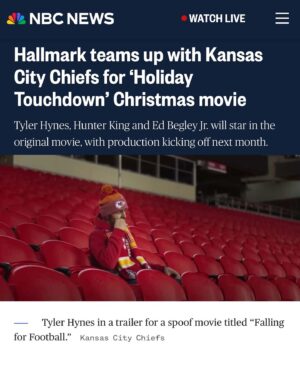Tyler Hynes Instagram - Remember that thing I did with the Kansas City Chiefs 🏈 that looked like a movie but wasn’t a movie...well…it’s a movie now. ;)

That doesn’t happen without a lot of people being very thoughtful and creative about how to give all who might enjoy this just the right experience. 

Thanks to all the publications, online enthusiasts and news outlets that seemed to be tickled by this news.

I included a few but I’ll list some of the other lovely places that were excited to share the announcement. 

Congrats everyone at @hallmarkchannel & @chiefs @nfl for pulling off what’s never been done. 

And to everyone who’s about to start the journey of making this film, giddyup 🤠 we’re going to Kansas City, the home of two organizations connected by a spirit rarely seen. 

👑 @hunterking @ed_begley_jr 
🤍 @lhdhallmark @mrsjp24 @candicemeghan @julie_sherman_wolfe @davidwulf John Putch @dabbot1  @lindseyroy26 @anniehowellpr @djhindustani @i_am_sweet_sam @megvantine @rantsandraves411 @poperandy @atipam @sillypants85 
@mrsjennylatz @alyssa.osheim 

Red Kingdom! 🏈⚡️🎬

( I tried to tag everyone, if I couldn’t find ya please comment and I’ll try to add you 🙏🏻🤍😊)

@variety / @emilylongeretta 
@hollywoodreporter 
@deadline / @lynette.rice
@entertainmentweekly 
@todayshow @carsondaly @jennabhager @hodaandjenna @hodakotb 
@indiewire
@thewrap 
@people / @juliaaamoore , @breannenyc
@entertainmenttonight 
@forbes / @justcathy331
@newsweek 
@nbcnews 
@espn 
@sportsillustrated
@cbssports 
@yahoosports 
@foxnews 
@usweekly /  @johnnimacke
@ftwusatoday 
@tmz_tv
@holausa /  @alimariehurtado
@bleacherreport 
@tvinsider /  @avery__thompson
@outkickthecoverage / @matt_reigle
@athlonsports 
@dubewilson
@justjared
@soapsdotcom /  @thekristynburtt
@upi 
@brobible 
@on3 
@atozsportsfilmroom 
@tvfanatic_official / @carissapavlica
@tvshowsace / @georgiamakitalo
@sportsbusinessjournal
@fangirlish /  @erinelizabethgross
@chatsports
@thekansascitystar 
@arrowheadpride / @pgsween
@fox4kc 
@kctv5 /  @katiethebyrd
@kcur893 / @savannah_hawley , @gabrieljr
@thespundotcom 
@vitalthrills 
@presspassla
