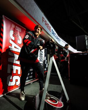 Tyler Marenyi Instagram - I grew up in Raleigh watching the @canes play. This year I was lucky enough to connect with them and they decided to use ‘intro’ and ‘threshold’ from my “DRMVRSE” album for their intro hype video. 

Yesterday I finally made it to a game and was honored to ring the siren to get the crowd hyped for the beginning of the 2nd period. 

Best of luck for the rest of the season!! @canes 🔮🌪️