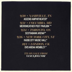 Vance Joy Instagram - All dates for the ‘dream your life away’ Anniversary Shows are here. Feels very special to be celebrating 10 years of this album. Tickets on sale May 3*. Register for pre sale access at vancejoy.com or link in bio. 

*OVO Arena Wembley, London on sale now.
*Blossom & Bones Festival, Abiquiu on sale now. 
*Hollywood Bowl, Los Angeles on sale May 7.
*Red Butte Garden Outdoor Concert Series, Salt Lake City on sale May 16.