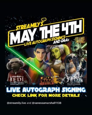Vanessa Marshall Instagram - Excited to sign for @streamily.live next week! A fun way to celebrate Star Wars Day!! Xoxo 🥳✨✨✨