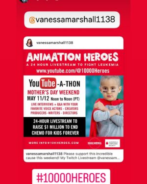 Vanessa Marshall Instagram - Happy Mother’s Day! ❤️ What a wonderful stream today for www.10kHeroes.com on my Twitch channel @vanessamarshall1138 in support of  #10000Heroes and the Dare to Dream project - transforming treatment and care for kids with blood cancer in partnership with the Leukemia and Lymphoma society. This weekend’s YouTube-a-thon “Animation Heroes” featured live interviews with your favorite VO actors, creators, producers, writers and directors - in an effort to raise $1 million dollars to end chemo for kids forever!  We need safer, less toxic, more effective treatment for kids with blood cancers. Please visit Www.YouTube.com/@10000Heroes. See 10kHeroes.com for more info and to donate now! ❤️🙏🏻❤️
