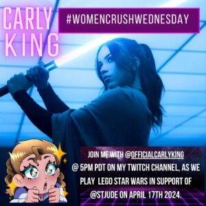 Vanessa Marshall Instagram - Join me Wednesday April 17at 5pm PDT for #WomenCrushWednesday with @officialcarlyking as we play Lego Star Wars in support of @stjude! Links in bio!! Xo 🩷🎮👾