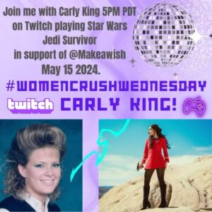 Vanessa Marshall Instagram - Getting ready for another #WomenCrushWednesday next week May 15th @5pm PDT on Twitch with @officialcarlyking CARLY KING!!! She is bringing light sabers! Let’s go!! All to support @MakeAWish! Link in bio! Xo 🥳✨✨✨