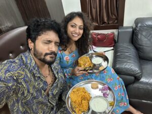 Vasishta N. Simha Instagram - Two months already..!! 
Its true, the time flies by and we barely get to realise that.. it’s overwhelming to even to recollect the moments of our wedding and our life post wedding as its been a great journey towards learning of “US”.. 
This is one such moment that cheered my soul up and hence posting these pictures..
When you paid a surprise visit to the shooting sets while i was shooting somewhere in telangana and COOKED for me and my staff.. 
Because of the long schedule away from home, I was literally craving for home food (and to see you of course ) but u brought the HOME to me..!!! @iamhariprriya ❤️

#simhapriya 
#hariprriya 
#vasishtasimha 
#wife 
#happywifehappylife 
#family