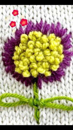 Vickie Howell Instagram - French knots can be tricky. The trick is to push all wraps close to the fabric after your needle hits the fabric, before pulling taught.

In my latest booklet, Embroider Knit, I show how cute French knots look on knits. They’re especially 😍 when a whole gaggle of them make up the center of a flower, like this one I call, Chrysie.

Tap, or go to the link in my @vickiehowell bio to get a signed copy of Embroider Knits now! 👏🏼

#embroidery #knitting