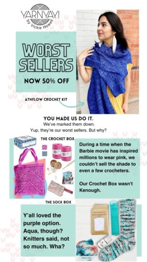 Vickie Howell Instagram - Introducing: Our WORST sellers! 👎🏼 Get 50% off the things that made you go, “meh”. To see all of things, and maybe pick up something that you kinda liked, but didn’t FULL price like at YarnYAY.com (link in @vickiehowell bio.)