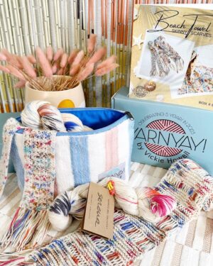 Vickie Howell Instagram - Our yarn, Serena, was chosen for this month’s YARNYAY! box by @vickiehowell ☀️ Vickie designed two lil scarves - one crochet, one knit - that you choose to make with the Serena that comes with the August box 🙌
〰️
The best part? She chose Serena in the colorway Beach Towel, and coordinated it with flip flop ring markers   a beach towel bag 🏖️
〰️
Give @vickiehowell a follow to see the unboxing video with all the cute things! So happy that Serena in Beach Towel is being featured - relax and knit/crochet this cute summery scarf! 😍💅
〰️
#yarnyay #yarnyaybox #manosdeluruguayyarns #manosdeluruguay #manosdeluruguayserena #summerknitting #knit #crochet