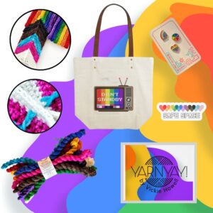 Vickie Howell Instagram - This just in: pre-sales for our 2023 Pride Box are now open (link in @vickiehowell bio)! This year's box features items from queer and ally-owned businesses including:

* 11 (inclusive pride flag) shades of Teacup Pigtails yarn from @oinkpigments 

*Inclusivity (knit) Scarf and Intersectionality (crochet) Scarf patterns, by me

* Don't Standby canvas and vegan leather tote from @lanternpress 

* Rainbow Pins from @battlebornpins 

* Safe Space sticker from @ownyourpridemo 

A percentage of proceeds from this box will go to benefit @outyouth, an organization supporting LGBTQ  youth in central Texas.

#pride2023 #yarnyay