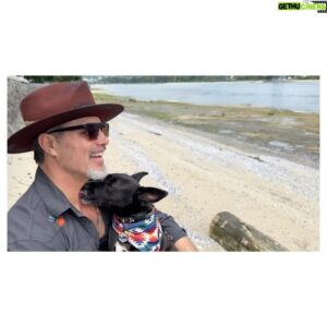 Victor Webster Instagram - Been raining for months and the sun is out. Took my custom @coup_de_tete hat out for a spin. Nova is clearly a fan. I custom ordered this distressed hat with gold embossed quote in the headband and badass pheonix laser cut in to the top (see story). They absolutely exceeded expectations on this one. Thanks!!