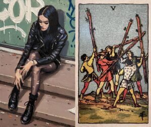 Vince Giarrano Instagram - A new painting on the back of a tarot card. My collaboration with @patriciabroka 🎨

#oilpainting #tarot #painting #art #fineart #allaprima #citylife #sliceoflife #graffiti #fiveofwands