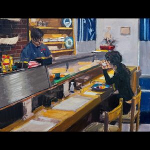 Vince Giarrano Instagram - What I’m painting now! 🎨
A sushi bar scene with @juliagriffel 🍣
Working wet into wet, in a direct painting method.

#oilpainting #sushibar #newyorkcity #manhattan #nyc #sushi #citylife #painting #art #fineart #wetpaint #contemporarypainting #interior #restaurant #sliceoflife #japanesefood #inprogress #allaprima