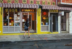 Vince Giarrano Instagram - My painting of @andreamilie on Doyers Street 🎨

#contemporarypainting #art #newyorkcity #manhattan #nyc #chinatown #painting #oilpainting #fineart #citylife #sliceoflife #allaprima #doyersstreet #converse #nomwahteaparlor