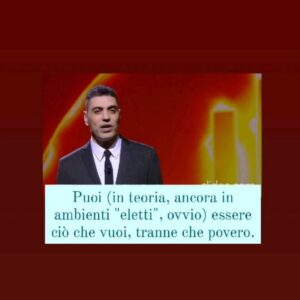 Viola Carofalo Instagram - Perche la povertà viene considerata una colpa e una vergogna?
C'è una contraddizione che viene continuamente rimossa: quella di classe.
Puoi (in teoria, ancora in ambienti "eletti", ovvio) essere ciò che vuoi, tranne che povero.
Ma perchè? Forse anche perchè è l'unica "differenza" che non può essere messa a frutto, a valore, che non può essere trasformata in marketing: lo abbiamo visto fare con il genere, con la "razza"*, ma non puoi farlo con la classe. Perchè manca il potere d'acquisto,  perché non è un pubblico di acquirenti interessante, perché quella contraddizione (ma questo è un discorso più ampio) è insanabile.
Da qui la vergogna: devi vergognarti perché non puoi comprare,ma solo, all'interno, se hai ancora qualcosa da vendere,  essere comprato. 

*uso il termine in senso storico, evidentemente

@kingmarracash