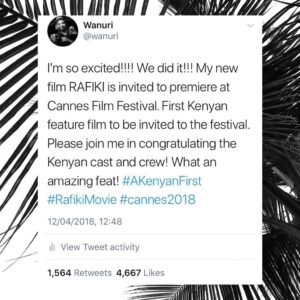Wanuri Kahiu Instagram - Thank you for all the messages of support and love and blessings!! @rafiki_movie is so proud that we pulled together and made this incredibly poignant love story. Our cast @nosta_lone and @sheila_munyiva are positively stunning and SHINE bright. May our stories continue to be our guides! 🖤