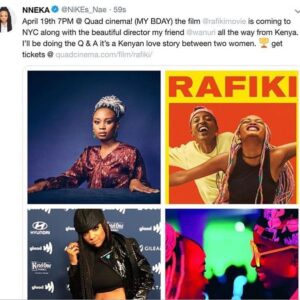 Wanuri Kahiu Instagram - Guess what!!! I get to hang out with my bae @nikes_nae on her birthday in New York (April 19th)!!! She’s also doing a Q&A after the RAFIKI screening. 😭😭😭 I’m so overwhelmingly happy about this! 🖤