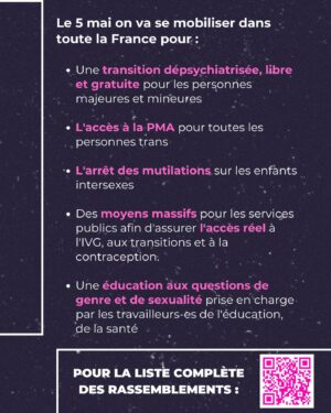 Winona Guyon Instagram - 🚨 je ferai bientôt une vidéo en LSF pour les personnes sourdes qui ne sont pas au courant de cette situation. 🚨
.
Trouve la mobilisation de ce weekend dans ta ville :
Ales : Devant Cratère, 15h
Amiens : lundi 6 mai, 18h, face au tribunal
Angers: place du ralliement, 11h
Aubenas : l’Agora, Place du Champs de Mars, La Poste, 16h
Ajaccio, Corse: devant la préfecture, 10h
Angoulême : place Francis Louvel, 14h
Bayonne : Place de la liberté, 12h
Blois : place de la Résistance, 15h
Besançon : Place Pasteur, 14h
Bordeaux: Hôtel de ville, 14h
Bourges : 15h, place André Malraux
Brest: place de la liberté, 17h
Bruxelles : place de l’Albertine, 15h
Caen: Tour Leroy, 13h
Chambéry : place de Genève, 14h
Clermont-Ferrand: place de Jaude, 14h
Dijon: place Darcy, 16h
Grenoble : Place Félix, 17h
Havre : Hôtel de ville, 15h
La Rochelle : quai du Carénage, 15h
Le Mans: place de la République, 17h30
Lens: 18h, place de la Mairie
Liège : en préparation
Lille : Place Vanhoenacker, 16h
Lorient : Place Glotin, 15h
Lyon: un cortège dans la marche lesbienne, 15h, place Louis Pradel
Marseille : Vieux port, 11h
Metz: Tribunal de Metz, 17h
Montpellier: place de Comédie, 15h
Nancy : place Simone Veil, 15h
Nantes : marche, Grue Jaunes sur l’ile, 14h
Nice : place Garibaldi,
Nîmes: devant la Maison carrée, 14h
Niort : Place de la Brèche, 15h
Orleans : Place de la République, 15h
Paris: République, 14h
Pau : préfecture de Pau, 16h
Poitiers: place du Maréchal Leclerc, 14h
Quimper: Place Saint Corentin, 18h
Rennes: 4 mai, 18h, République. 
Saint-Etienne : Place du Peuple, 15h
Saint-Denis, la Réunion : au Barachois, près de la Grande fontaine, 13h
Saint-Quentin dans l’Aisne : place de l’hôtel de ville, 15h
Saint Omer : 12 rue des Epeers, 16h
Strasbourg : 4 mai, Place kléber, 17h
Toulouse : Jean jaurès, 13h
Tours: place Jean Jaurès, 15h