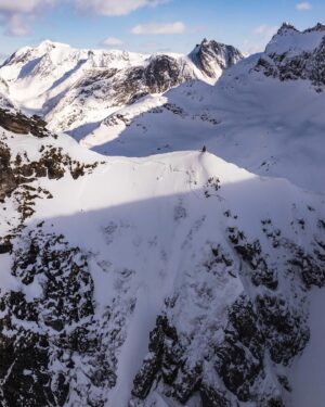 Xavier de le Rue Instagram - Walking on that ridge I released that slab from a distance, which felt pretty scary on the moment  as it really caught me by surprise. (Flick through to see some of it…)😥
Looking back at it, it was predictable but still I got so used to the stability of those fjords that it served me as a good lesson to keep the focus.
It was harder to enjoy the run right after but thankfully the mojo came back pretty quick🤟
Still in Senja, That couloir is called « lazy ass » which describes really well the state I’ve been when climbing this one.
📸 @nathanpyr 
#roamer by @swatch