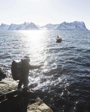 Xavier de le Rue Instagram - Impossible to stay in Ersfjorden and not to get into these iconic lines.
We knocked at a few doors and found  this fishing charter @campsteinfjord that took us out to the Ramnen massif to ride those lines (by the way if you know their names I’m interested✌️)
The conditions didn’t look amazing as it gets quite hit by the ocean but it was well worth it!

📸 @nathanpyr 
#roamer by @swatch