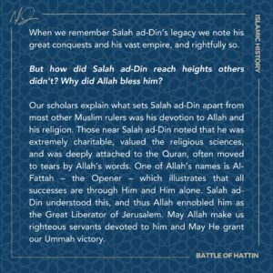 Yasir Qadhi Instagram - This July 4th, as people around the world celebrate the liberation of America, let us Muslims celebrate the liberation of Palestine. Today marks the 837th anniversary of the Battle of Hattin, a pivotal battle that changed the course of Islamic history. Salah ad-Din’s devotion to Allah and his deep attachment to the Quran set him apart, earning him the title of the Great Liberator of Jerusalem. May we be inspired by his legacy and may Allah grant our Ummah victory. #BattleOfHattin #SalahAdDin #Liberation #July4th