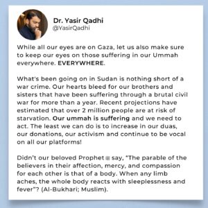 Yasir Qadhi Instagram - Just as a body reacts to the pain of one of its limbs, when any part of our Ummah is in pain, the believers must act in solidarity and give a voice to the voiceless. May Allah help the people of Sudan and all people of the Ummah who are suffering.