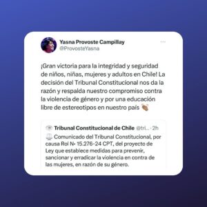 Yasna Provoste Instagram - ¡El Tribunal Constitucional nos ha dado la razón y respalda nuestro compromiso contra la violencia de género y por una educación libre de estereotipos en nuestro país! 👏🏽