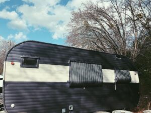 Zach Roerig Instagram - Last year @natkelley and bought this sweet 1959 Yellowstone Camper to be our home on the road.  We renamed her "Alma" (her original name was Redneck Riviera) and have been remodeling her since. This is her new paint job, she's looking pretty sweet.