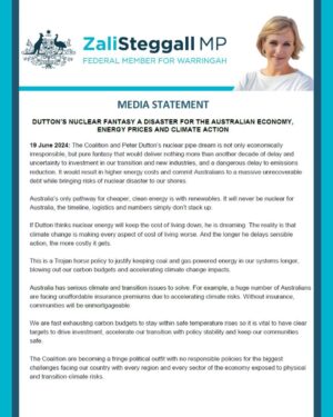Zali Stegall Instagram - ❌Dutton’s nuclear fantasy is a disaster for the Aust economy, energy prices & climate action. This is a Trojan horse policy to keep coal and gas firing. The longer we delay sensible action, the more costly this will get‼️ #auspol 

Full statement at 🔗in bio.