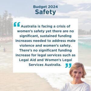 Zali Stegall Instagram - Budget Snapshot: Safety

Australia is facing a crisis of women’s safety yet there are no significant, sustained funding increases needed to address male violence and women’s safety. There’s no significant funding increase for legal services such as Legal Aid and Women’s Legal Services Australia.