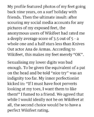 Zing Tsjeng Instagram - I'm in today's @guardian writing about the time I realised that someone put me on Wikifeet – and then having anon Wikifeet users rate my feet as being merely "okay". Thank you internet for continuing to be so deeply, deeply weird! 🔗 in bio