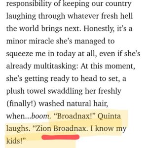 Zion Broadnax Instagram - I am over the moon this morning thank you for sharing your featured interview with @quintab in #cosmopolitan magazine @speakpatrice (thank you for the ❤️) you are so talented. I am honored that I was even a topic in the room with you and Quinta . and Quinta remembered my First AND  last name? That is dope. all the kids she works with and you remembered me? I am Currently on set early call time and you started my day off with a BIG smile.  @speakpatrice and @quintab inspired me !  Thank you for your support and pouring sunshine in my day. #quintabrunson #cosmopolitanmagazine #zionbroadnax #patricespeaks #supportingyoungactors #payitforward #younghollywood #graditude #abbottelementary #abcnetwork #transfoemersearthspark #dayshift
